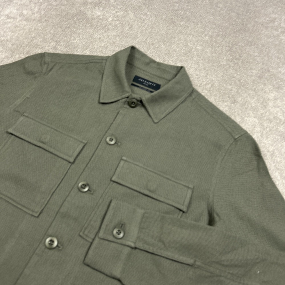 AllSaints Shirt Mens Small Green Knit Relaxed Viscar LS Double Flap Pocket